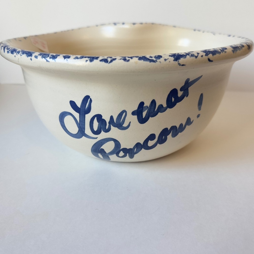 Vintage Heart Shaped Ceramic Popcorn Bowl Blue Spongeware That's All Folks Cream